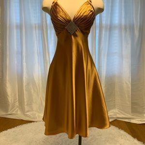 Gold Shiny Silk Like A-Line Halter Jeweled Elegant Formal Dress